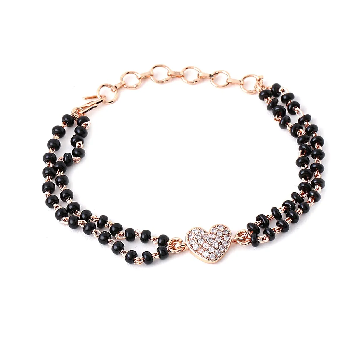 Yellow Chimes Mangalsutra Bracelet for Women Black Beads Heart Charm Rose Gold Plated Hand Mangalsutra Bracelets for Women | Marriage Anniversay Birthday Gift For Wife and Women
