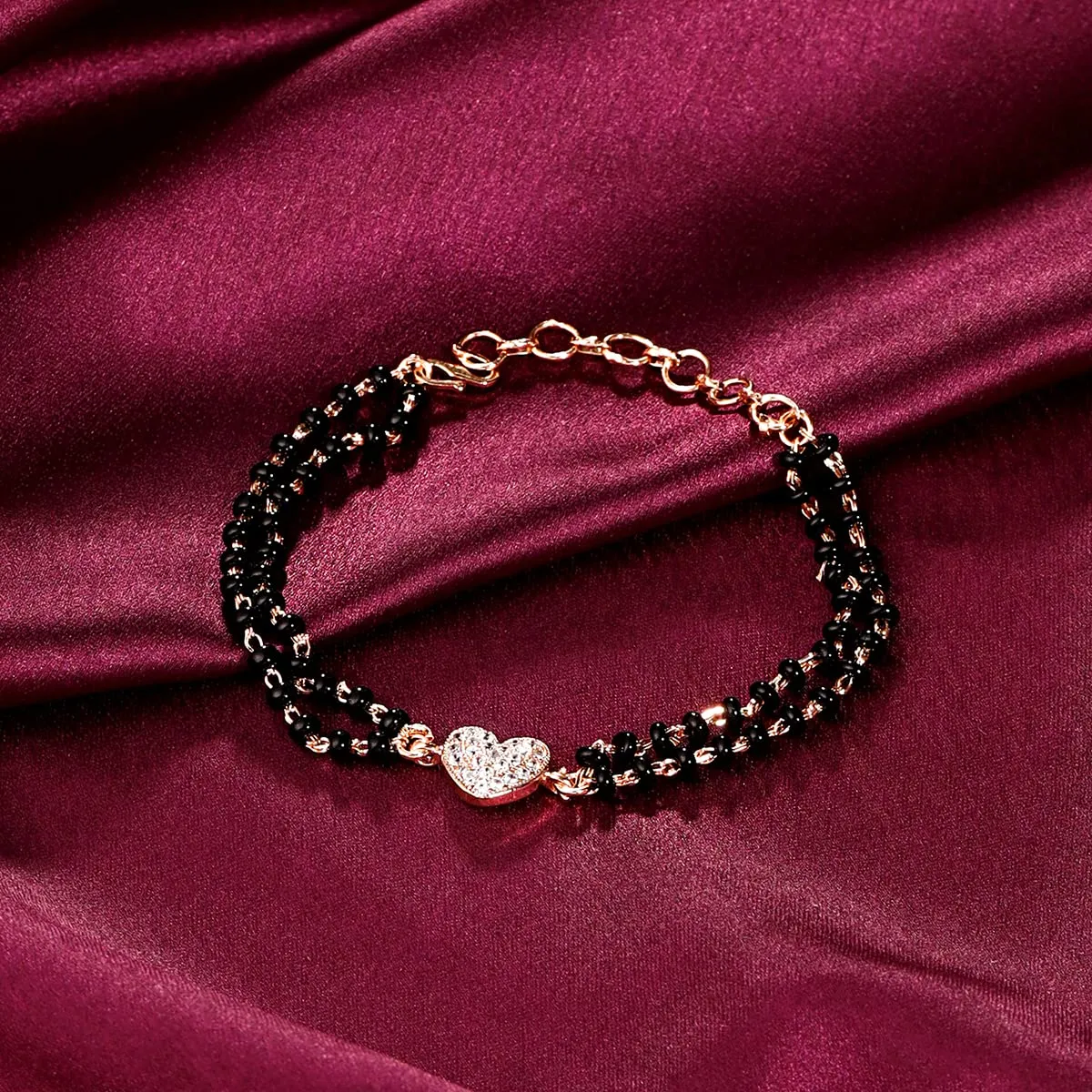 Yellow Chimes Mangalsutra Bracelet for Women Black Beads Heart Charm Rose Gold Plated Hand Mangalsutra Bracelets for Women | Marriage Anniversay Birthday Gift For Wife and Women