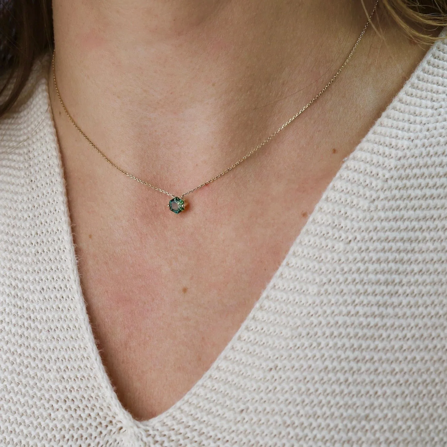 Yellow Gold Hexagon Green Envy Topaz Necklace