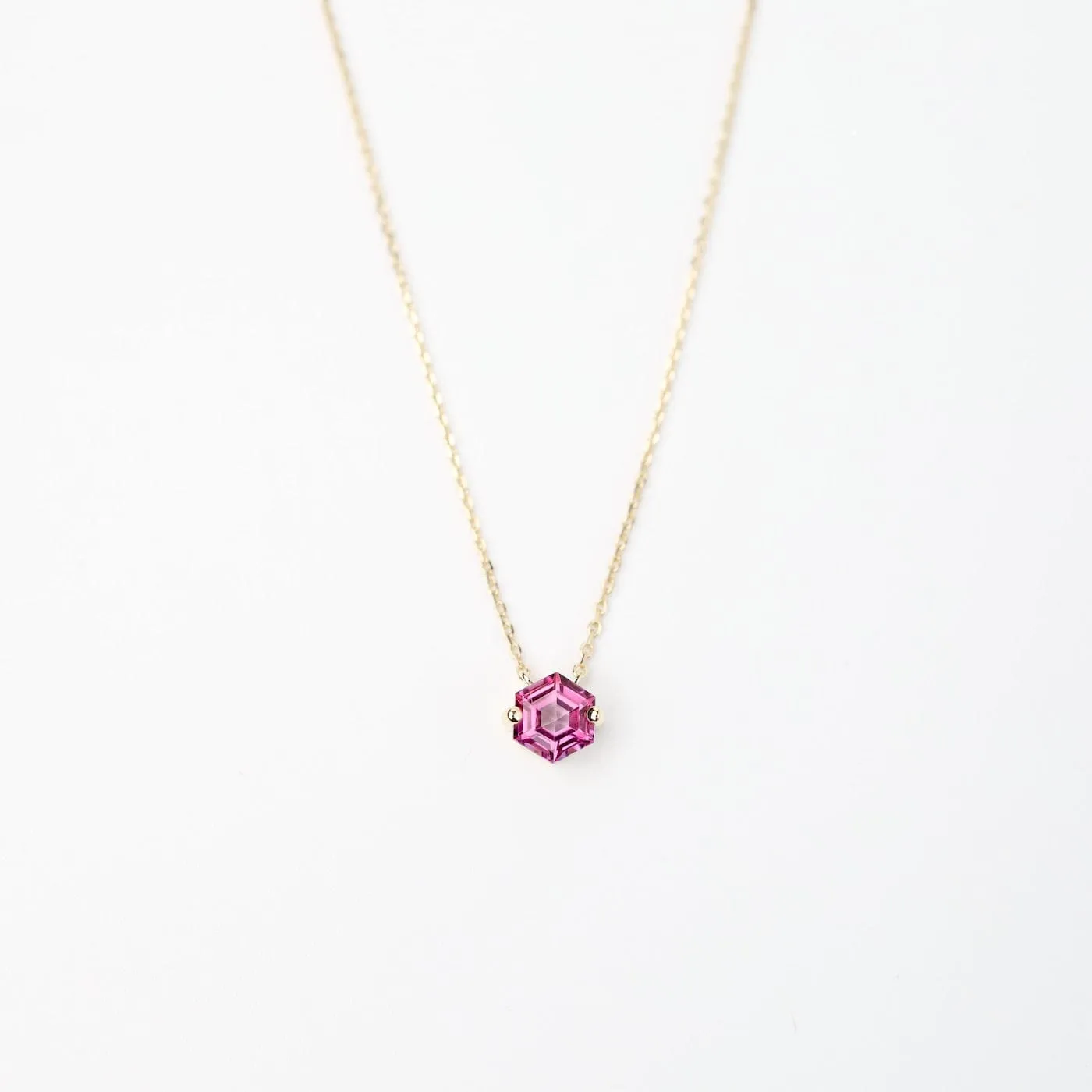 Yellow Gold Hexagon Pink Topaz Necklace