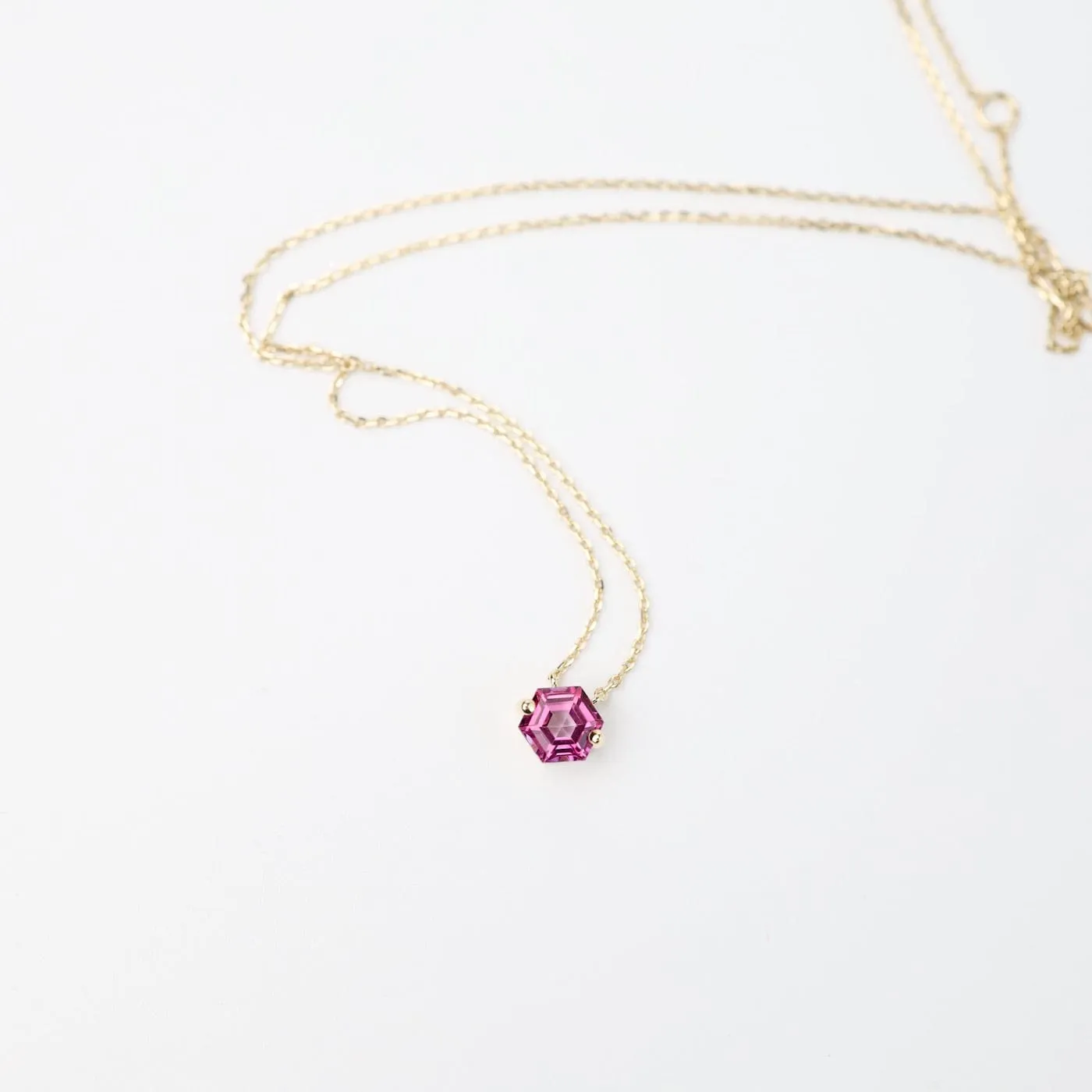 Yellow Gold Hexagon Pink Topaz Necklace