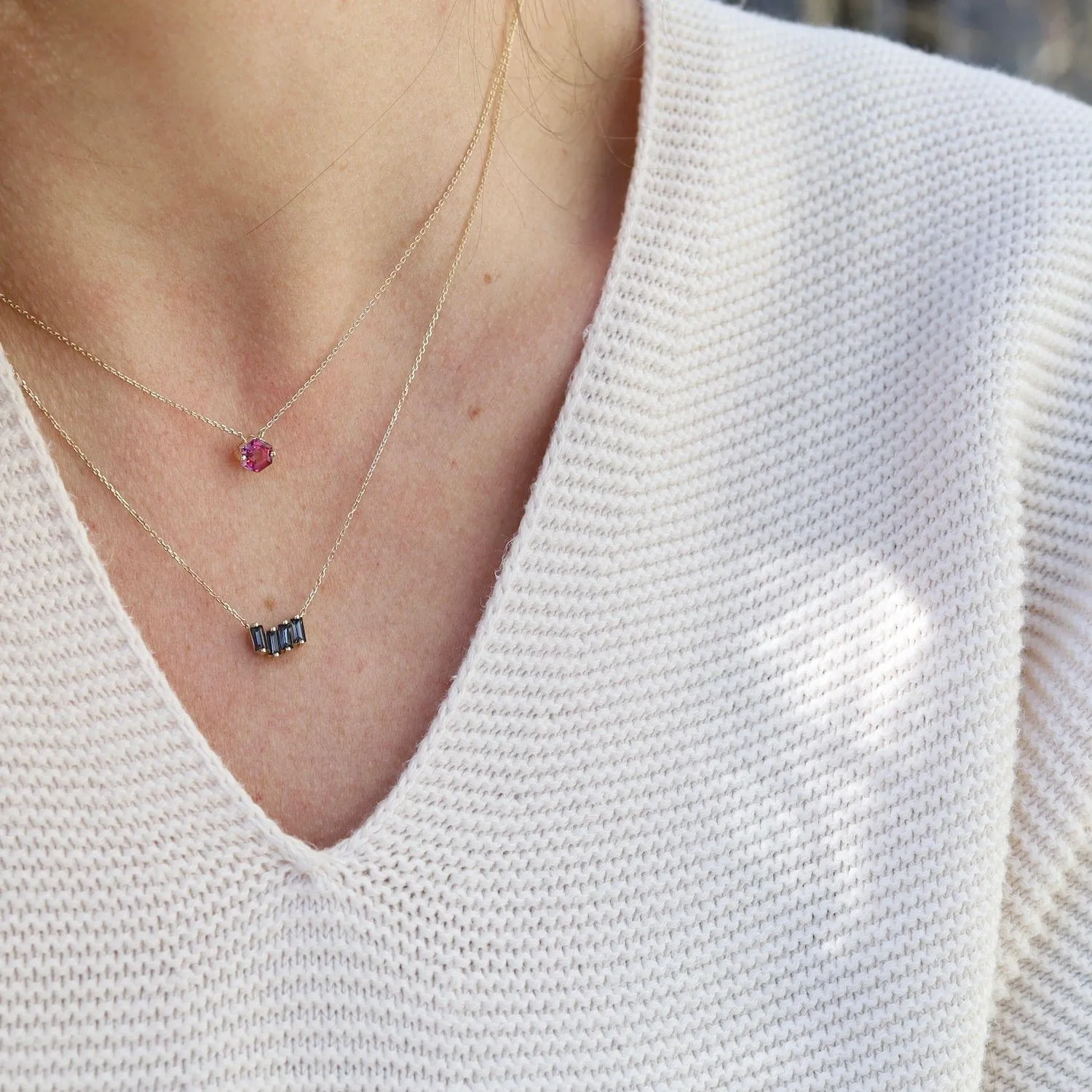 Yellow Gold Hexagon Pink Topaz Necklace