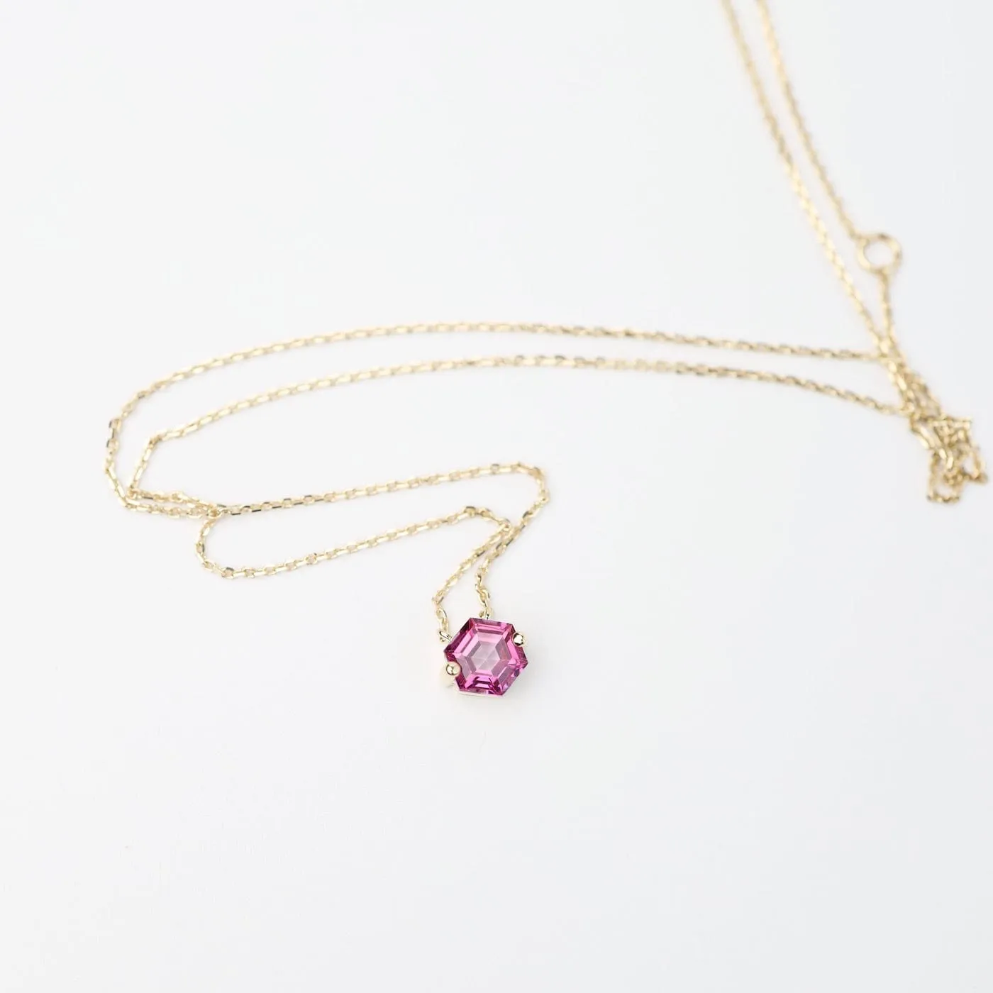 Yellow Gold Hexagon Pink Topaz Necklace
