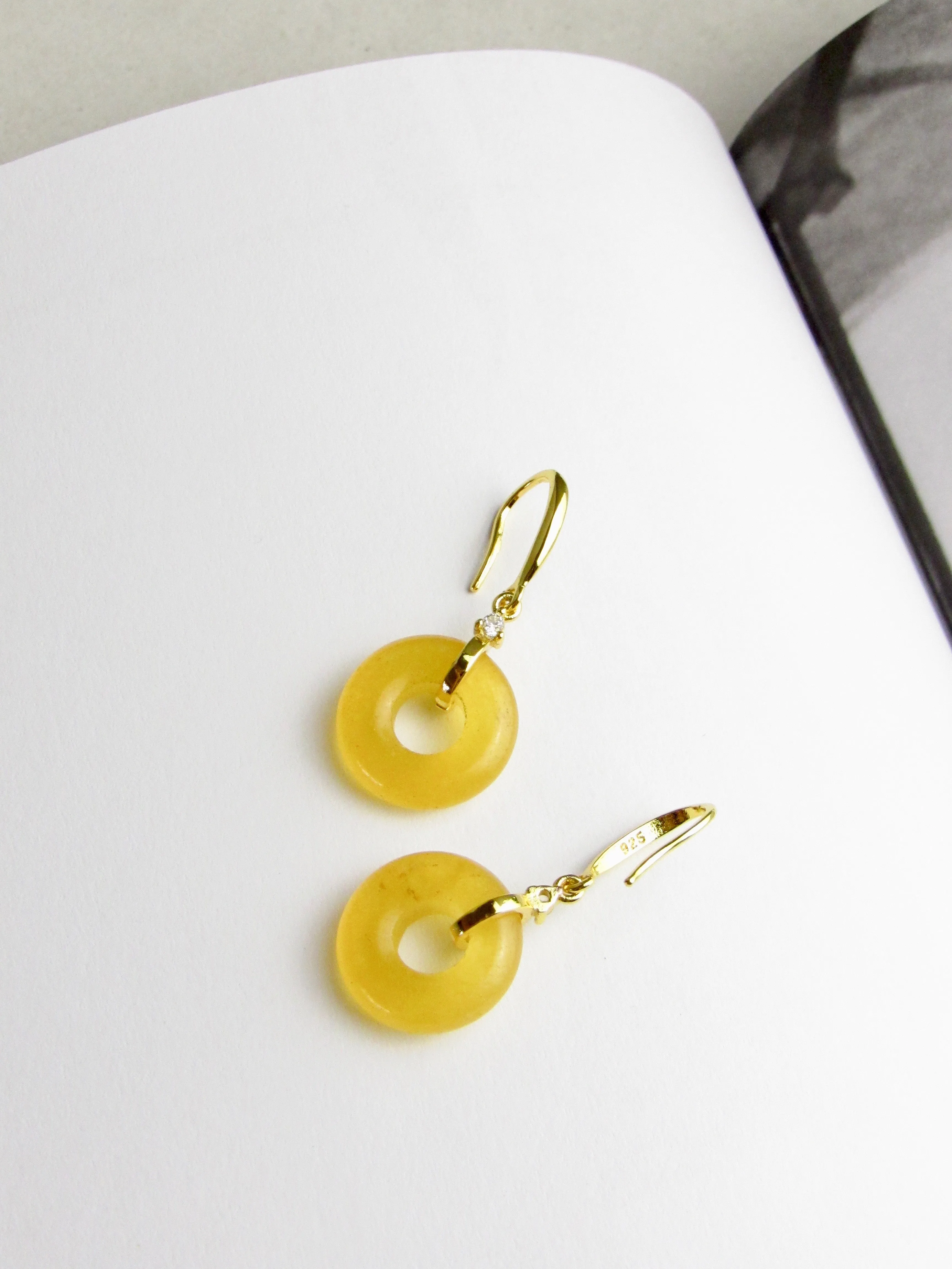 Yellow Lucky Jade Donut Gold Hook Earrings